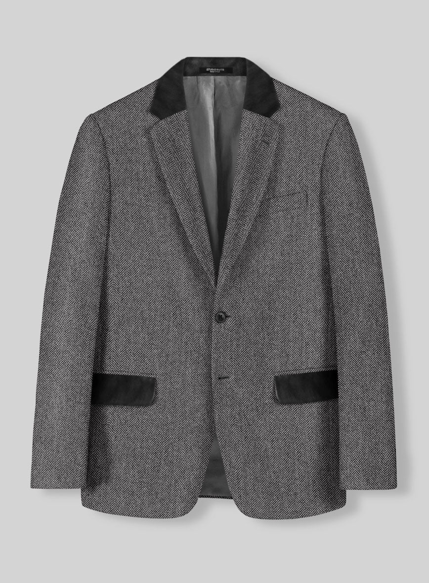 Vintage Herringbone Gray Tweed Jacket - Leather Trims - StudioSuits