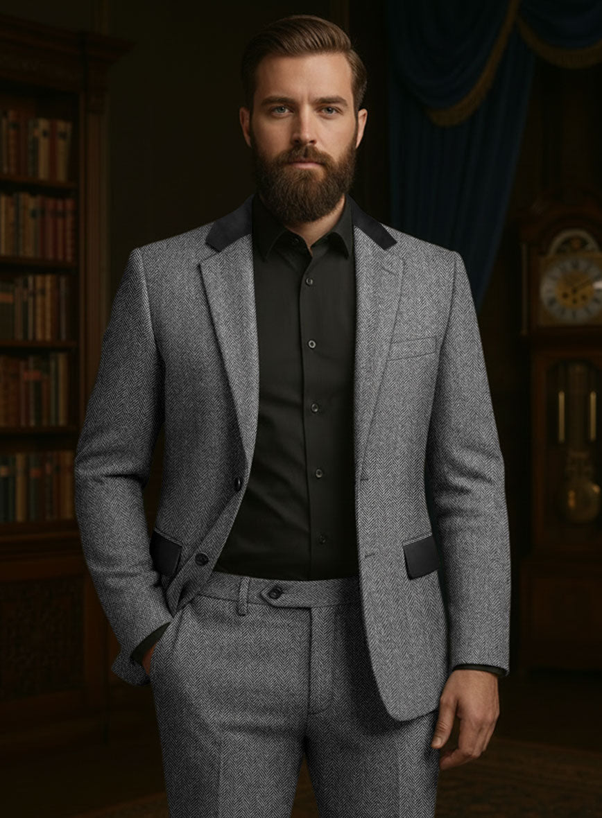Vintage Herringbone Gray Tweed Jacket - Leather Trims - StudioSuits