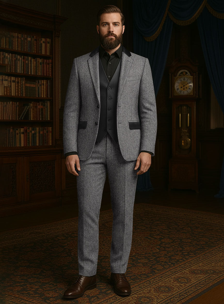 Vintage Herringbone Gray Tweed Suit - Leather Trims - StudioSuits