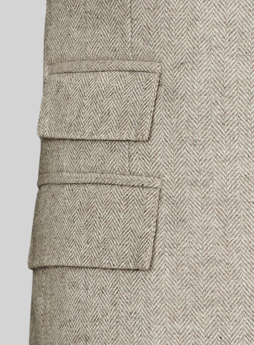 Vintage Herringbone Light Beige Tweed Long Coat - StudioSuits