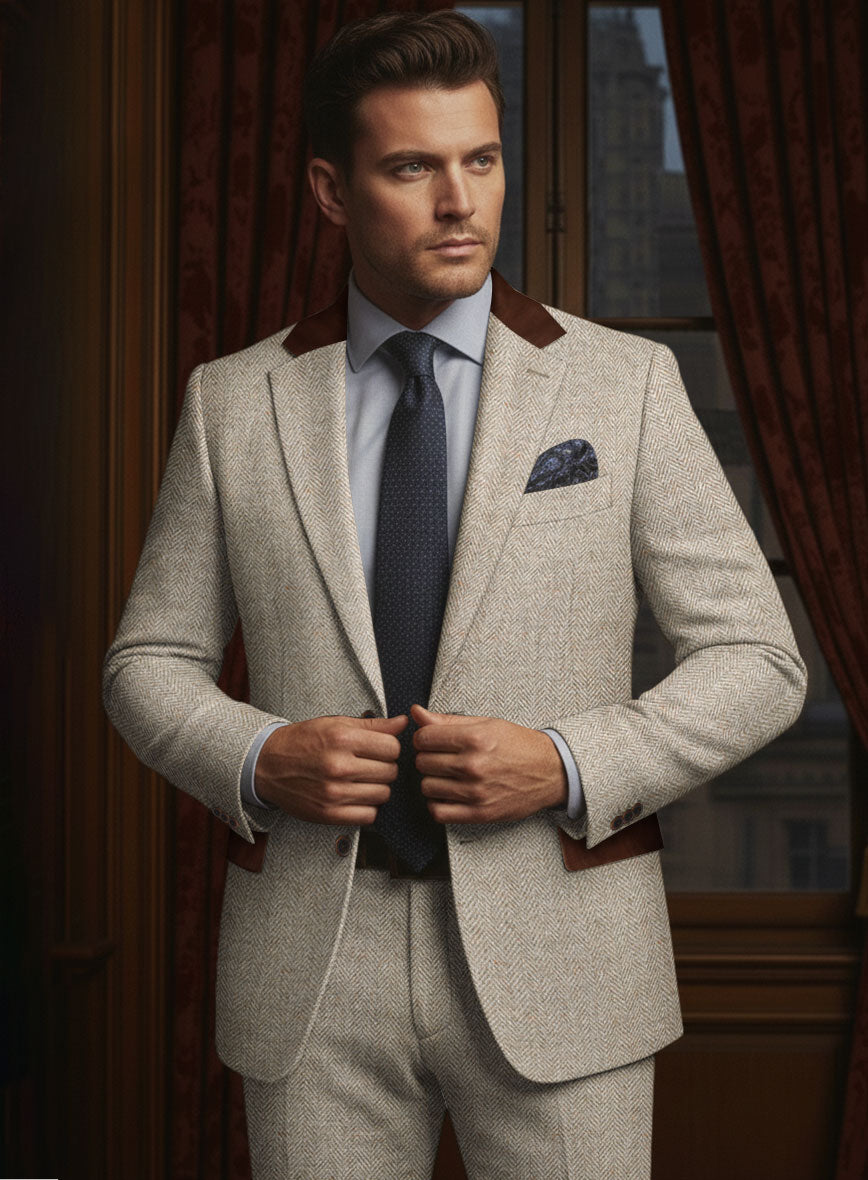 Vintage Herringbone Light Beige Tweed Jacket - Leather Trims - StudioSuits