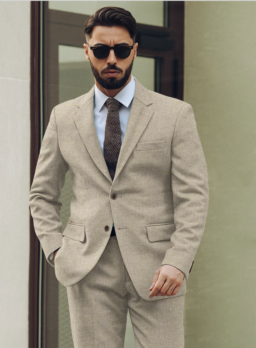 Vintage Herringbone Light Beige Tweed Jacket - StudioSuits