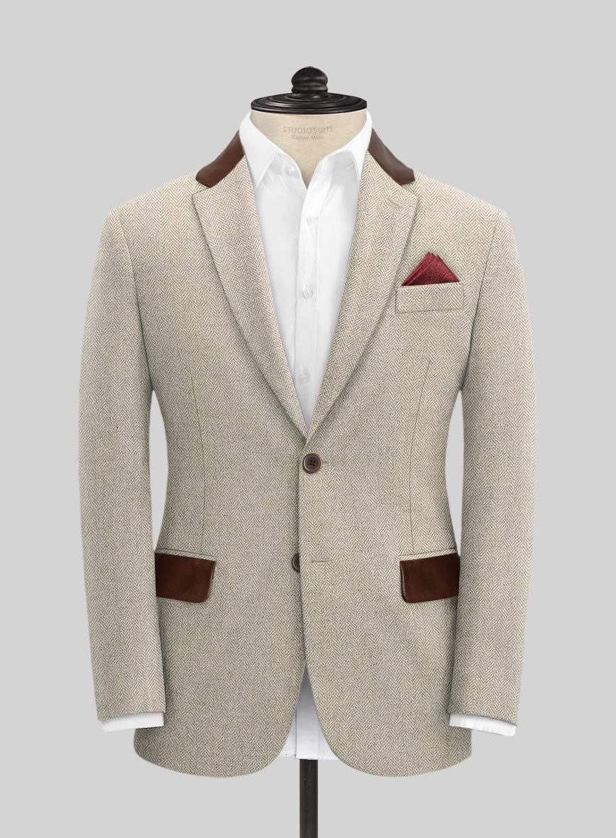 Vintage Herringbone Light Beige Tweed Jacket - Leather Trims - StudioSuits