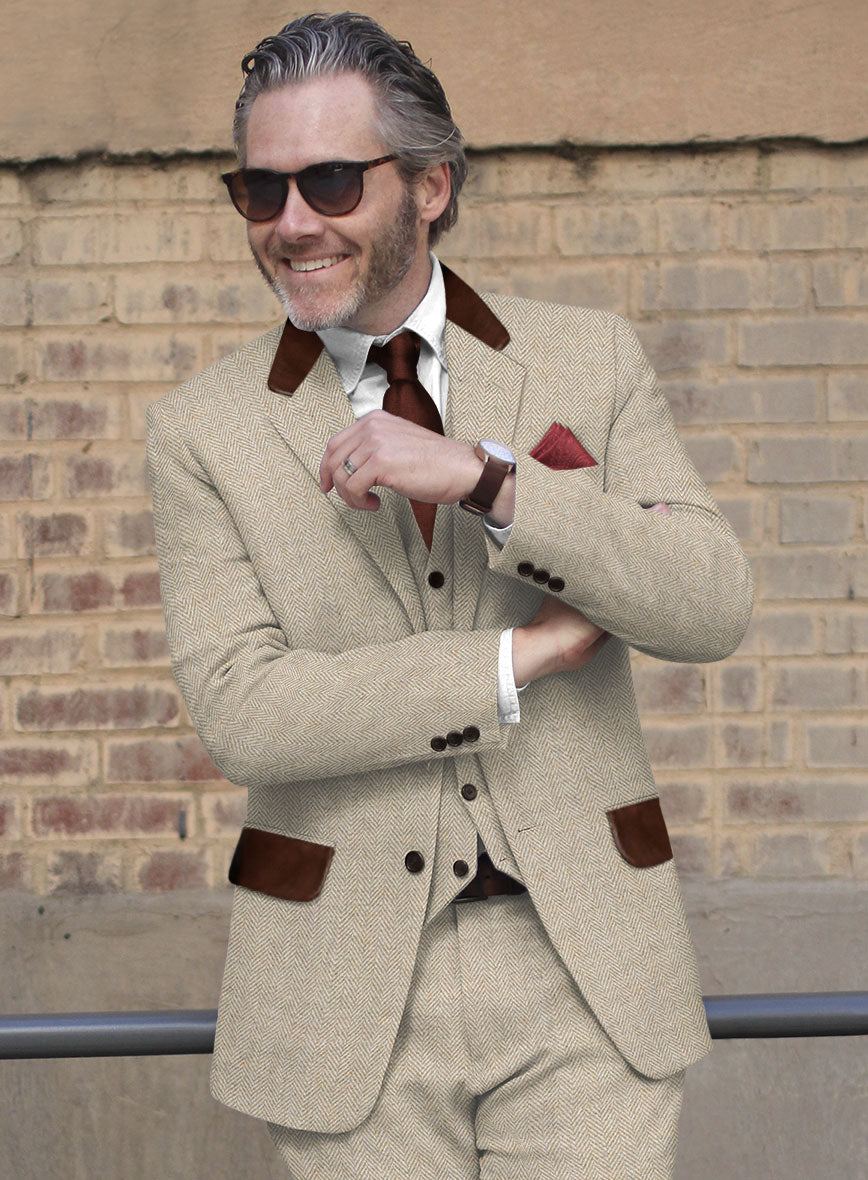 Vintage Herringbone Light Beige Tweed Jacket - Leather Trims - StudioSuits