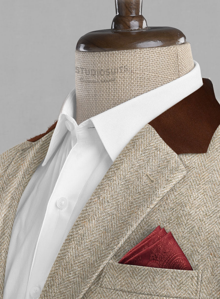 Vintage Herringbone Light Beige Tweed Jacket - Leather Trims - StudioSuits