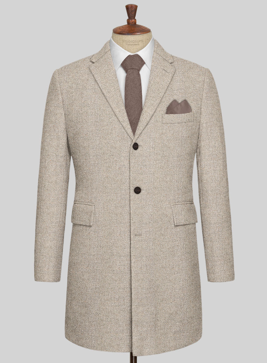 Vintage Herringbone Light Beige Tweed Overcoat - StudioSuits