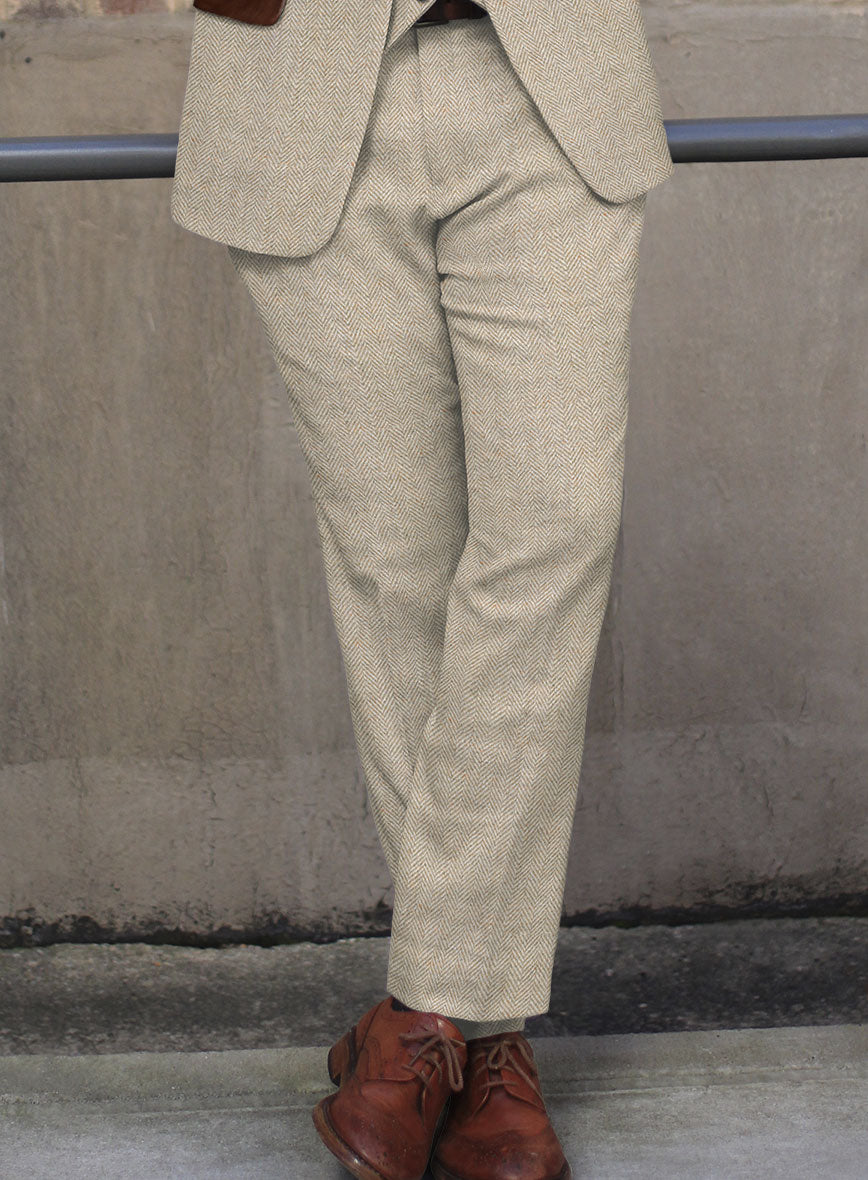 Vintage Herringbone Light Beige Tweed Pants - Leather Trims - StudioSuits