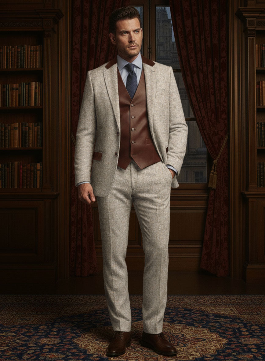 Vintage Herringbone Light Beige Tweed Suit - Leather Trims - StudioSuits