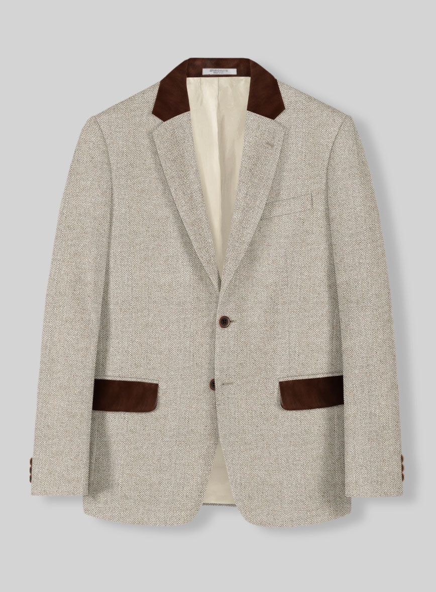 Vintage Herringbone Light Beige Tweed Suit - Leather Trims - StudioSuits