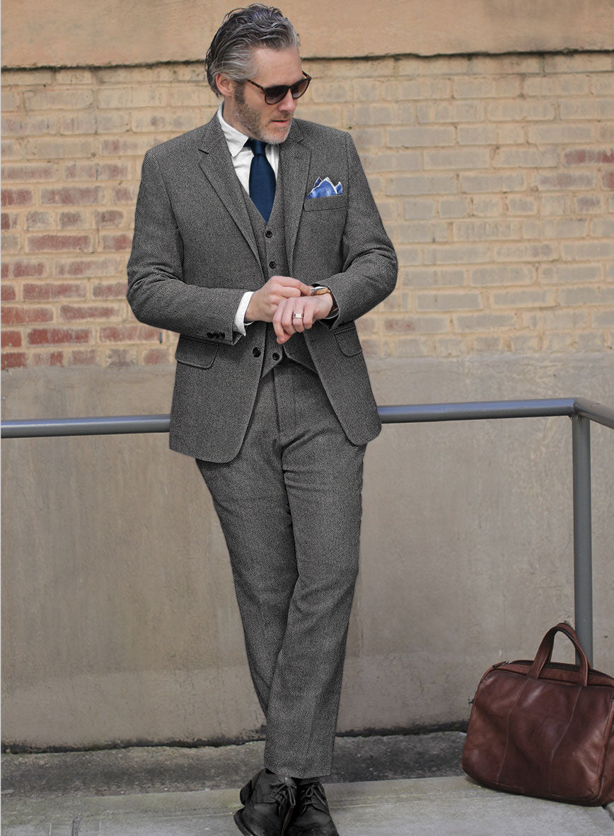 Vintage Herringbone Gray Tweed Suit - StudioSuits