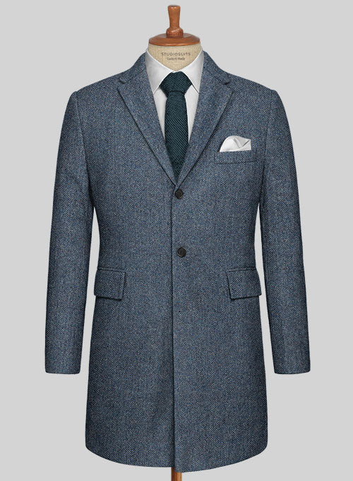 Vintage Herringbone Blue Tweed Overcoat - StudioSuits