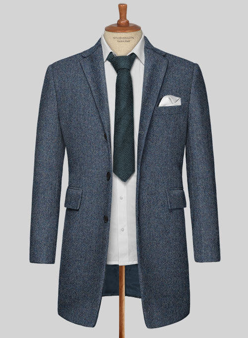 Vintage Herringbone Blue Tweed Overcoat - StudioSuits