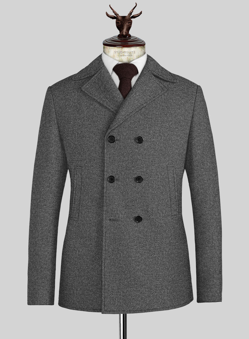 Vintage Plain Dark Gray Tweed Pea Coat - StudioSuits
