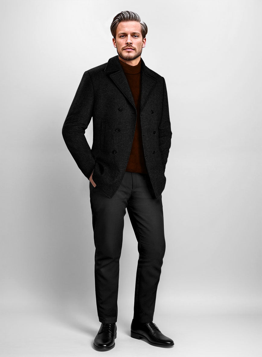 Vintage Plain Black Tweed Pea Coat - StudioSuits