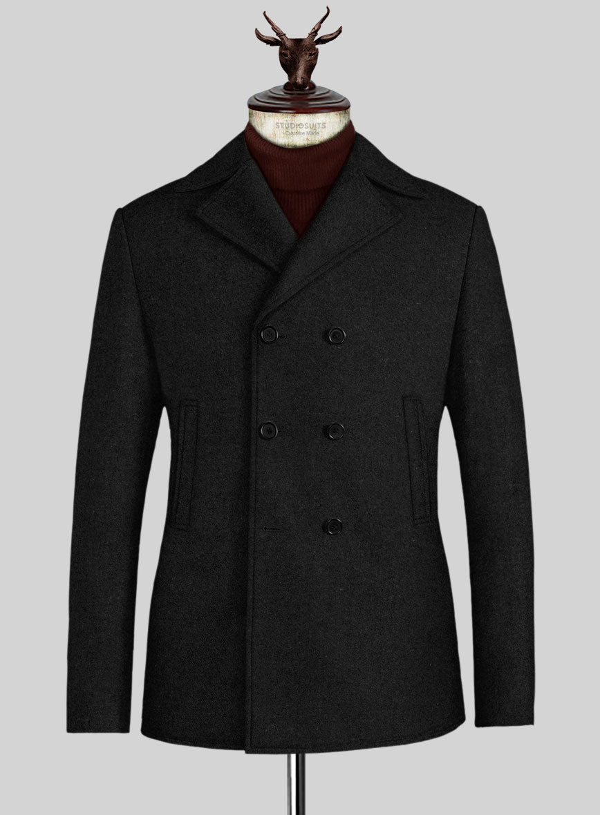 Vintage Plain Black Tweed Pea Coat - StudioSuits