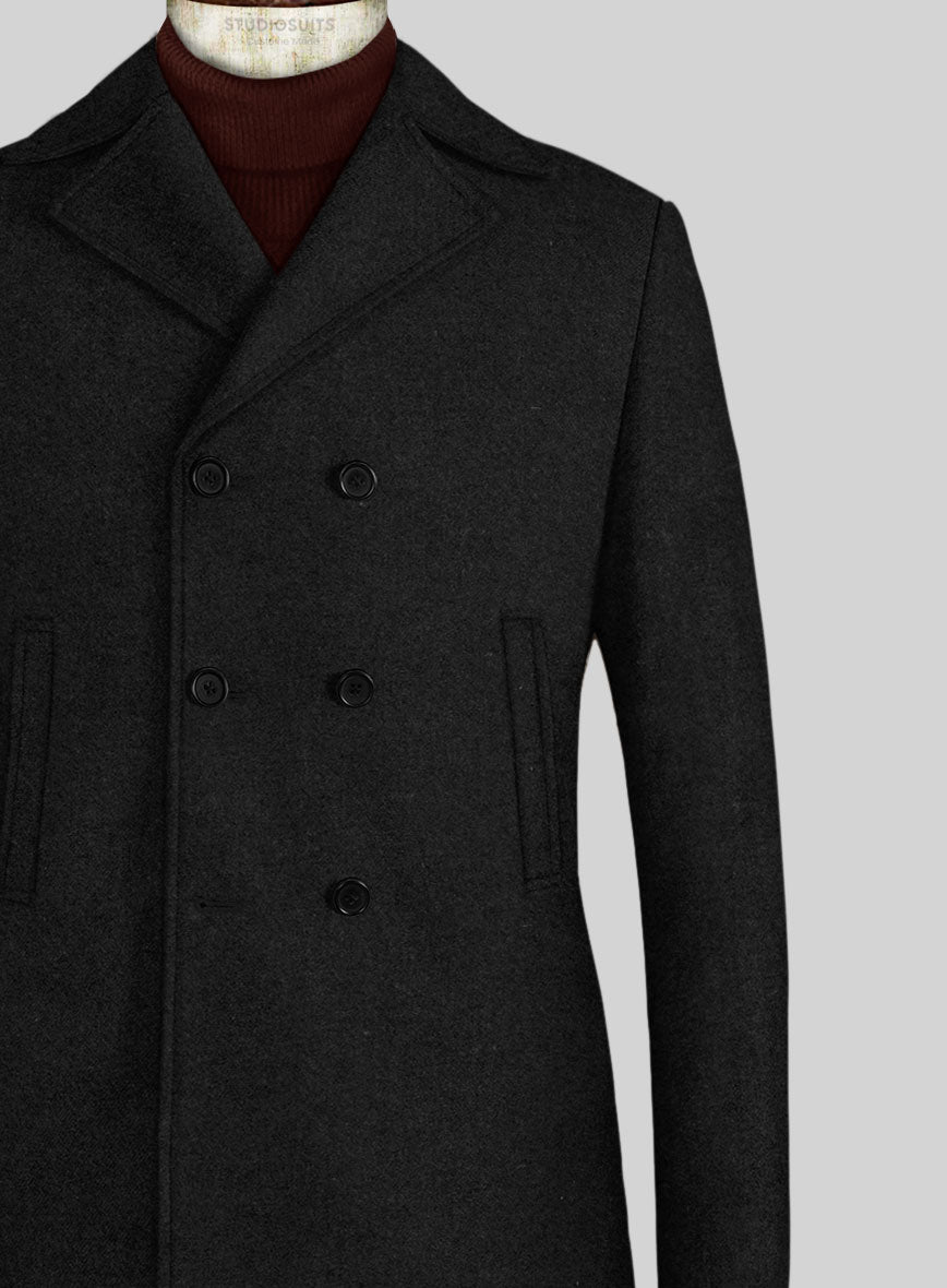 Vintage Plain Black Tweed Pea Coat - StudioSuits