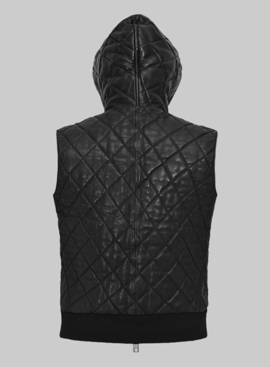 Vortex Hooded Black Leather Vest - StudioSuits