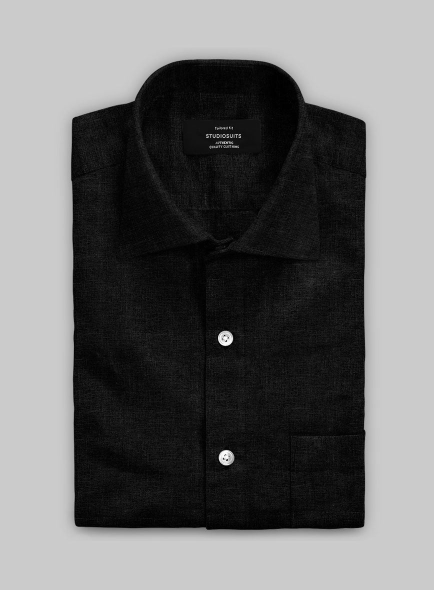 Washed Pure Black Linen Shirt - StudioSuits