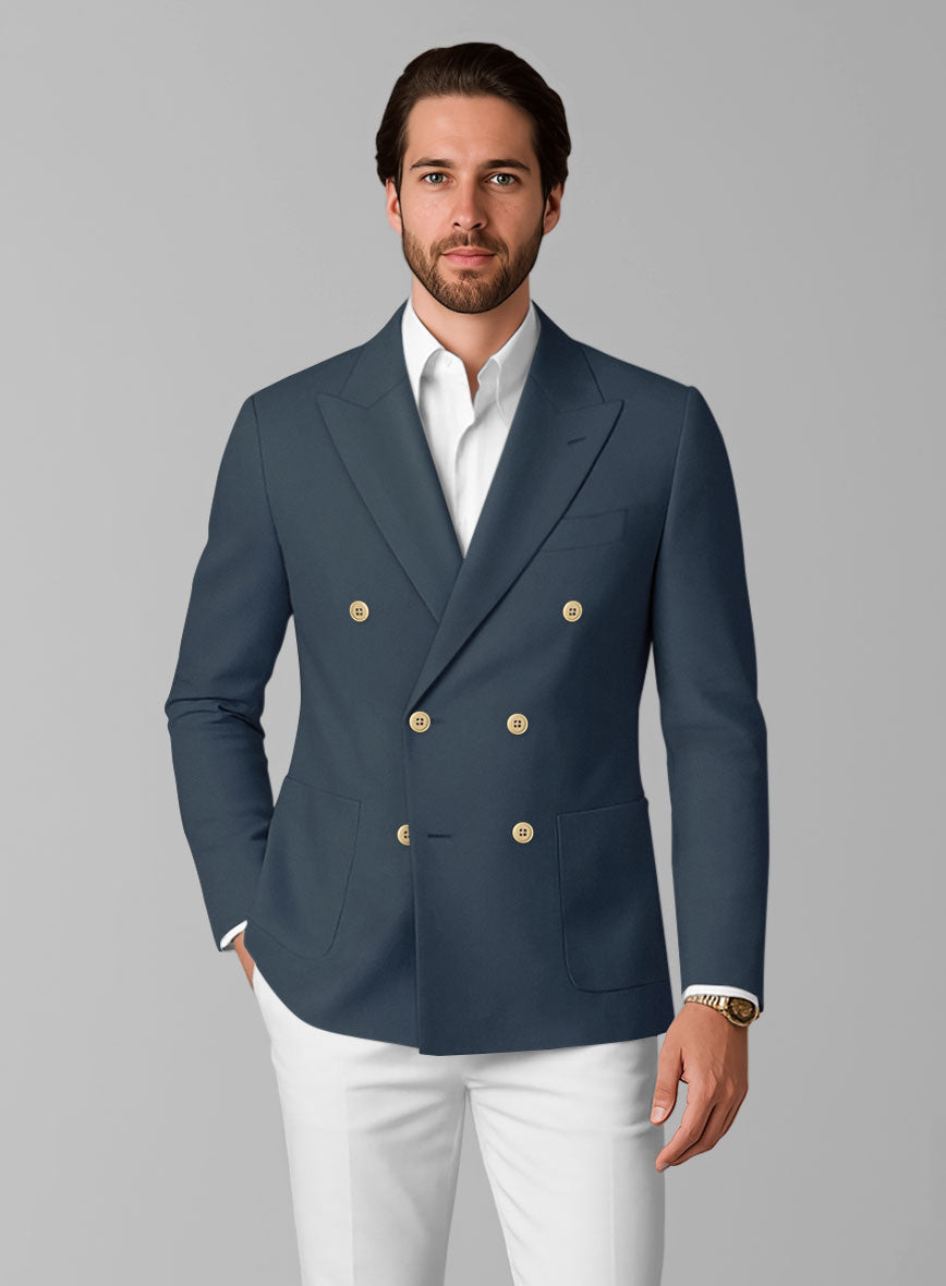 White Blue Cotton Double Breasted Jacket