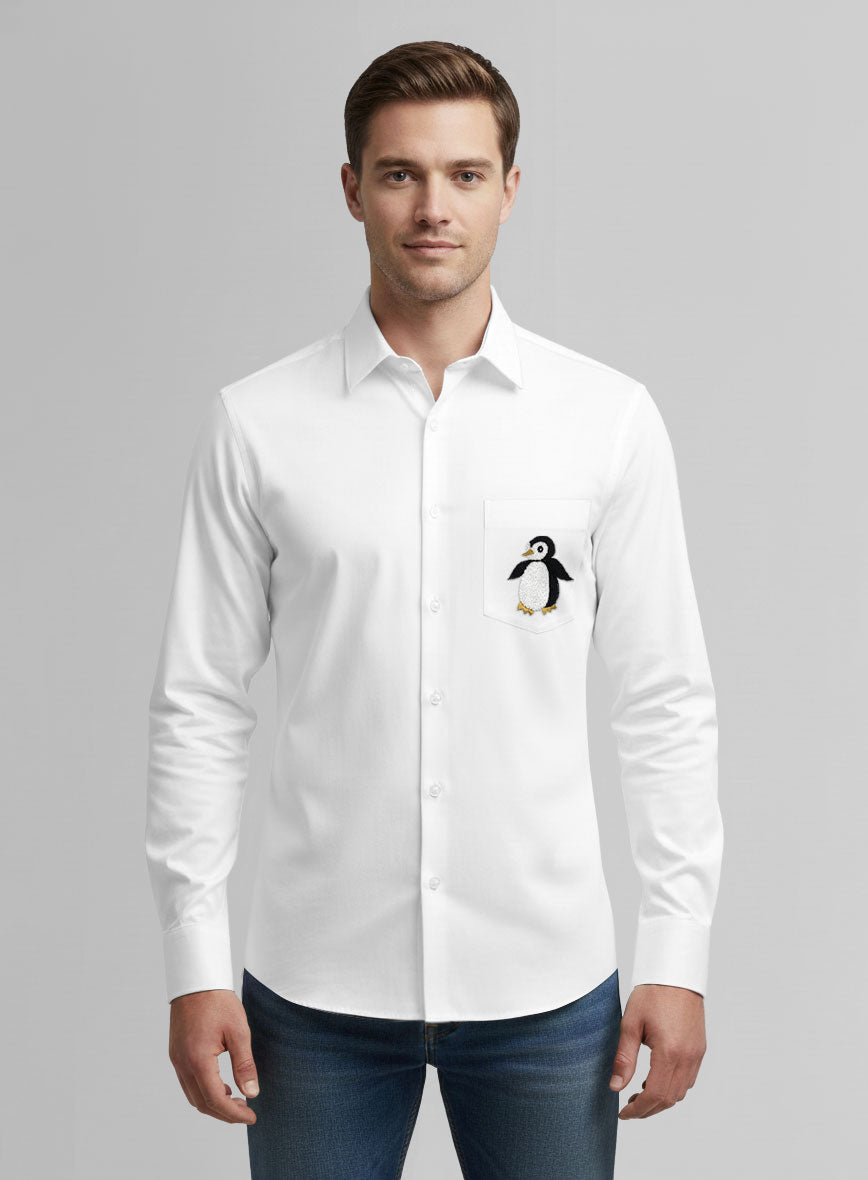 White Cotton Penguin Embroidered Shirt - StudioSuits