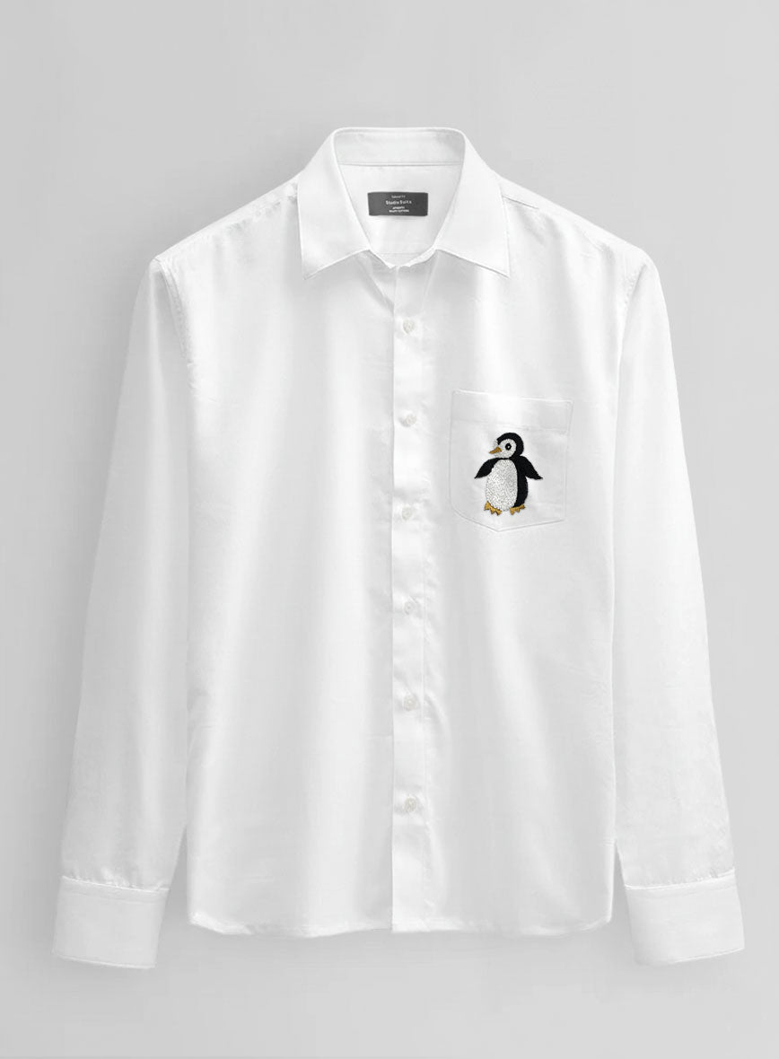 White Cotton Penguin Embroidered Shirt - StudioSuits