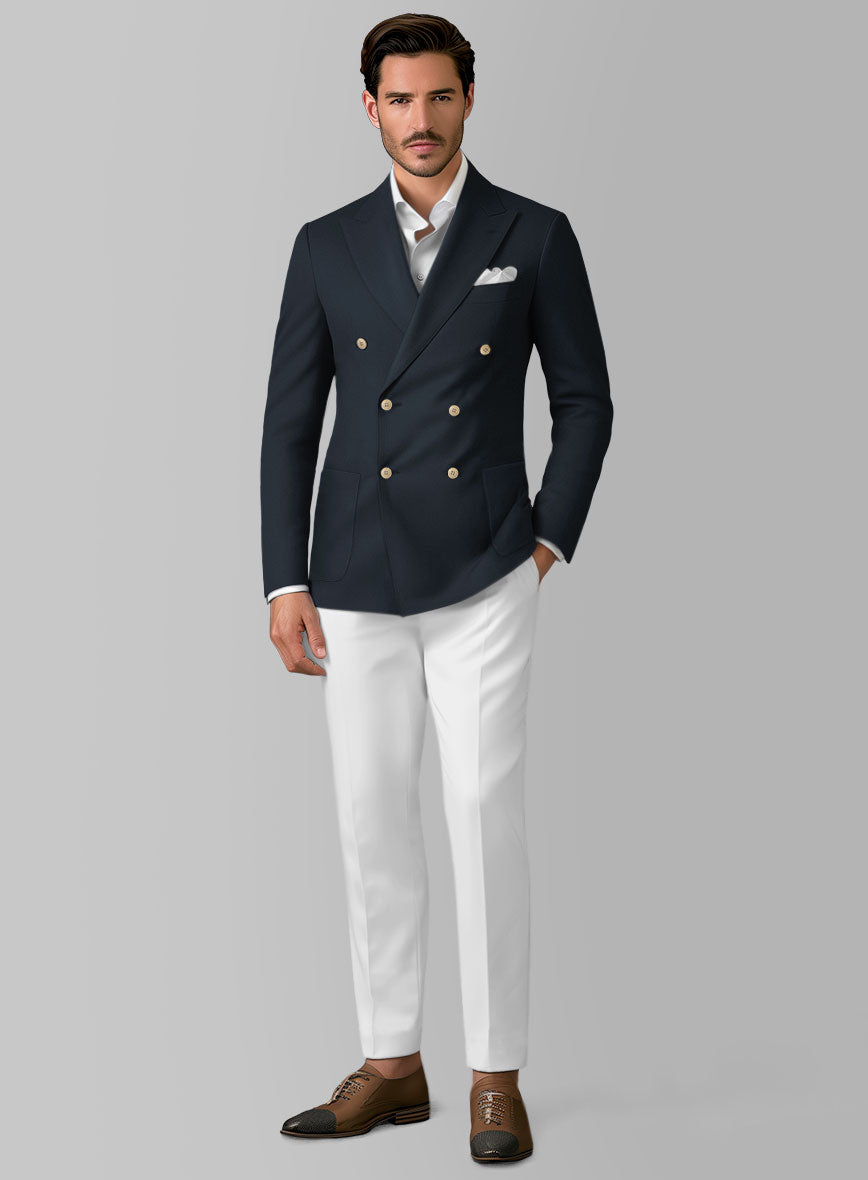 White Dark Blue Cotton Double Breasted Suit