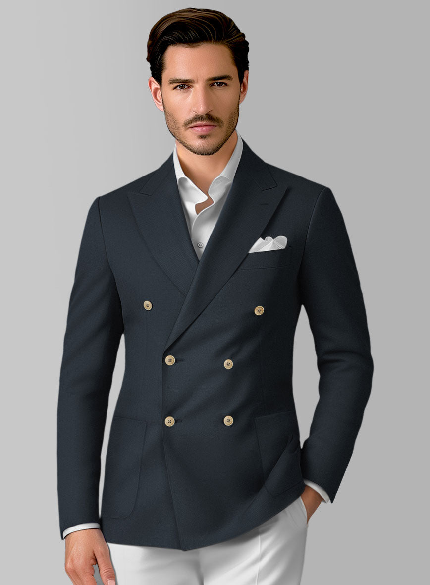 White Dark Blue Cotton Double Breasted Suit
