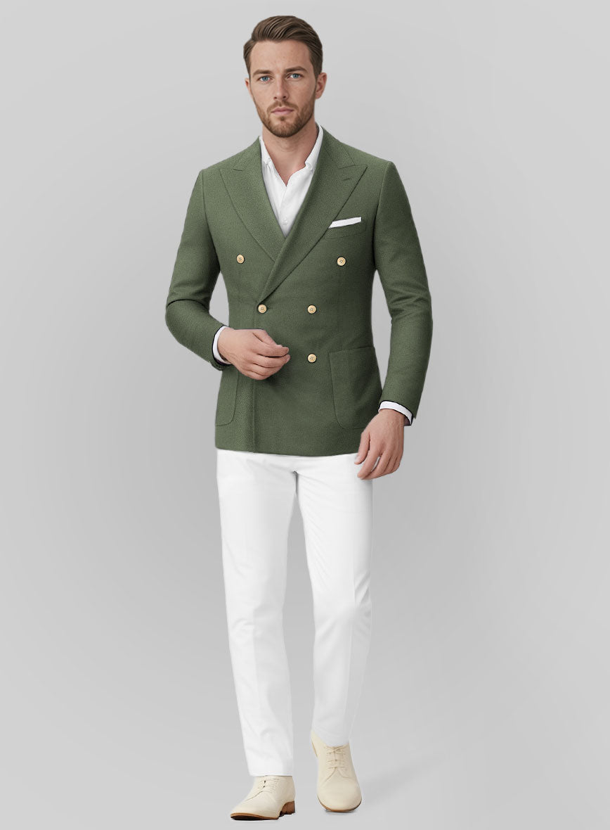 White Olive Green Cotton Double Breasted Suit - StudioSuits