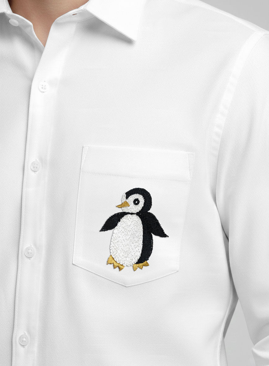 White Stretch Poplene Penguin Embroidered Shirt - StudioSuits