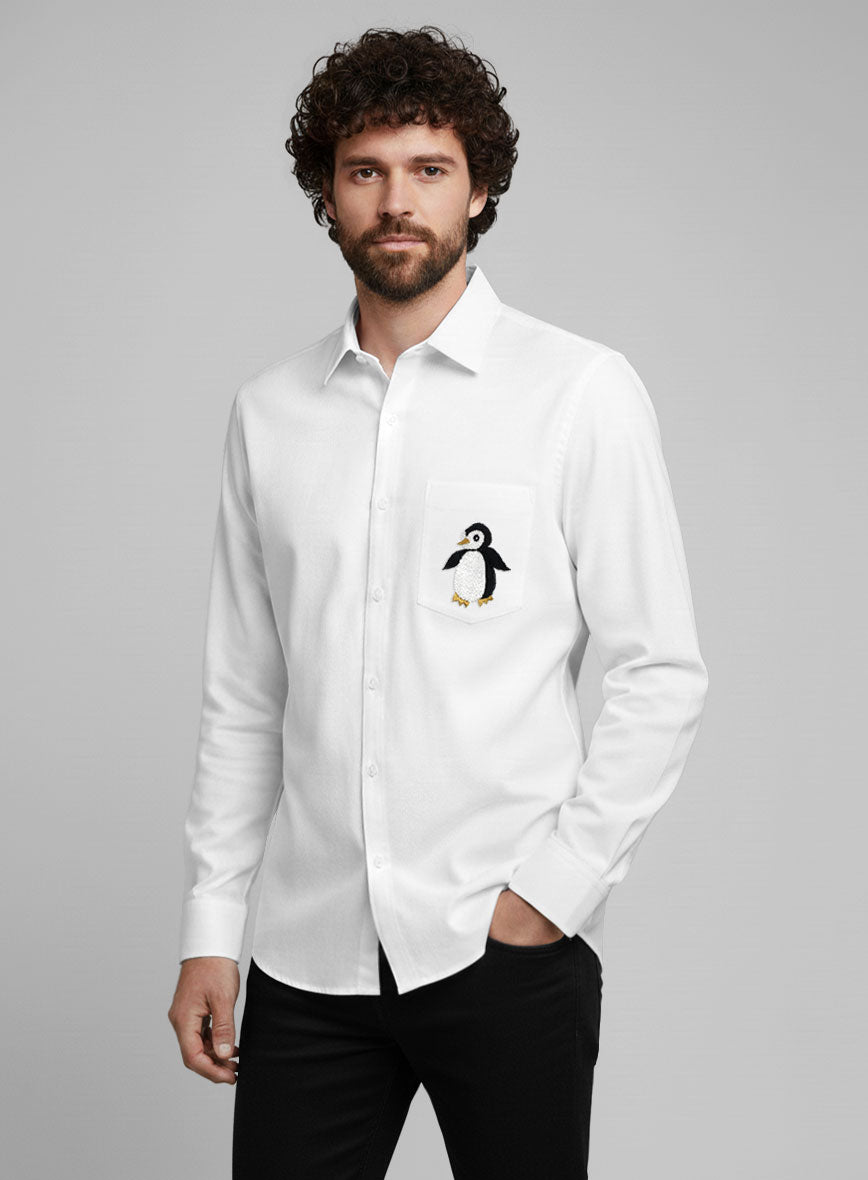 White Stretch Poplene Penguin Embroidered Shirt - StudioSuits