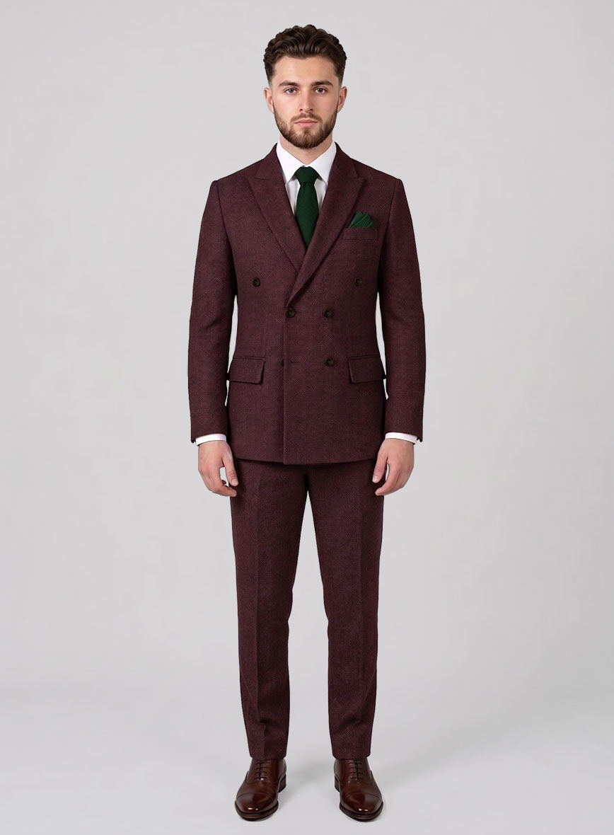 Wine Herringbone Tweed Double Breasted Suit - StudioSuits