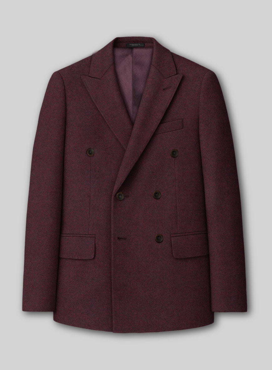 Wine Herringbone Tweed Double Breasted Jacket - StudioSuits