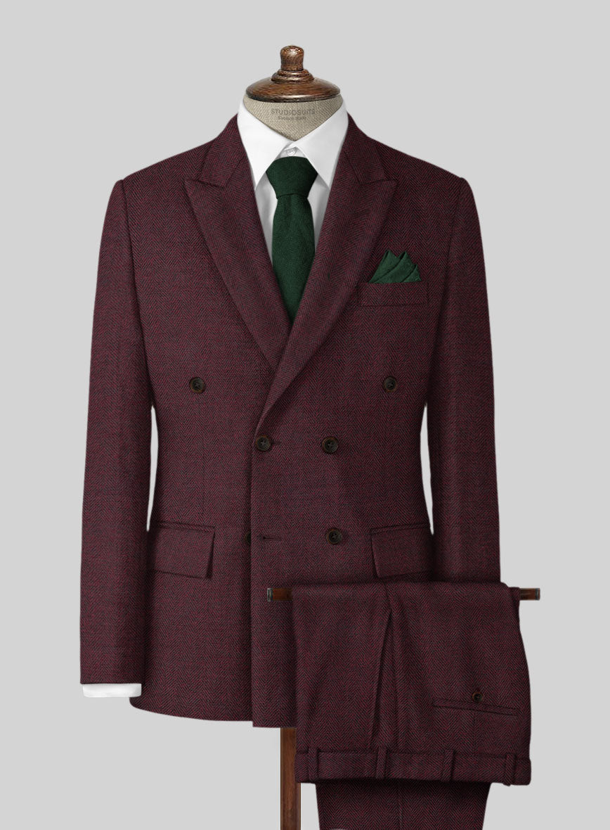 Wine Herringbone Tweed Double Breasted Suit - StudioSuits