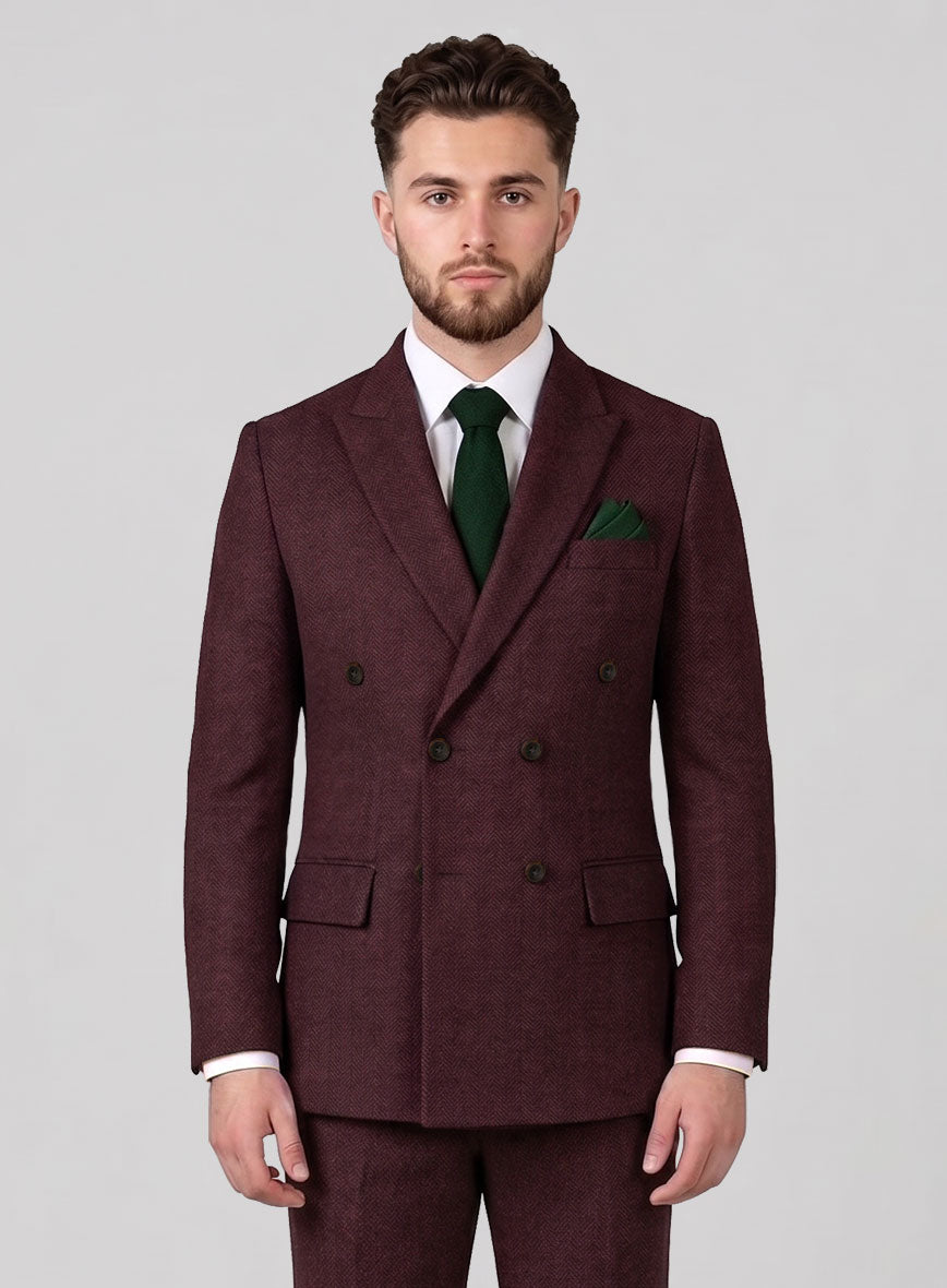 Wine Herringbone Tweed Double Breasted Jacket - StudioSuits