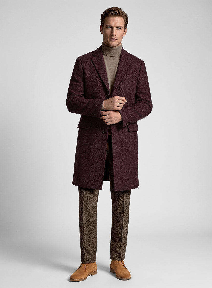 Wine Herringbone Tweed Overcoat - StudioSuits