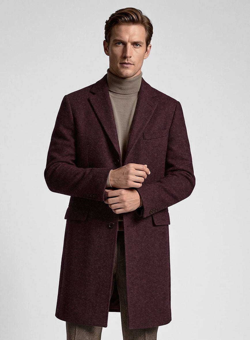 Wine Herringbone Tweed Overcoat - StudioSuits