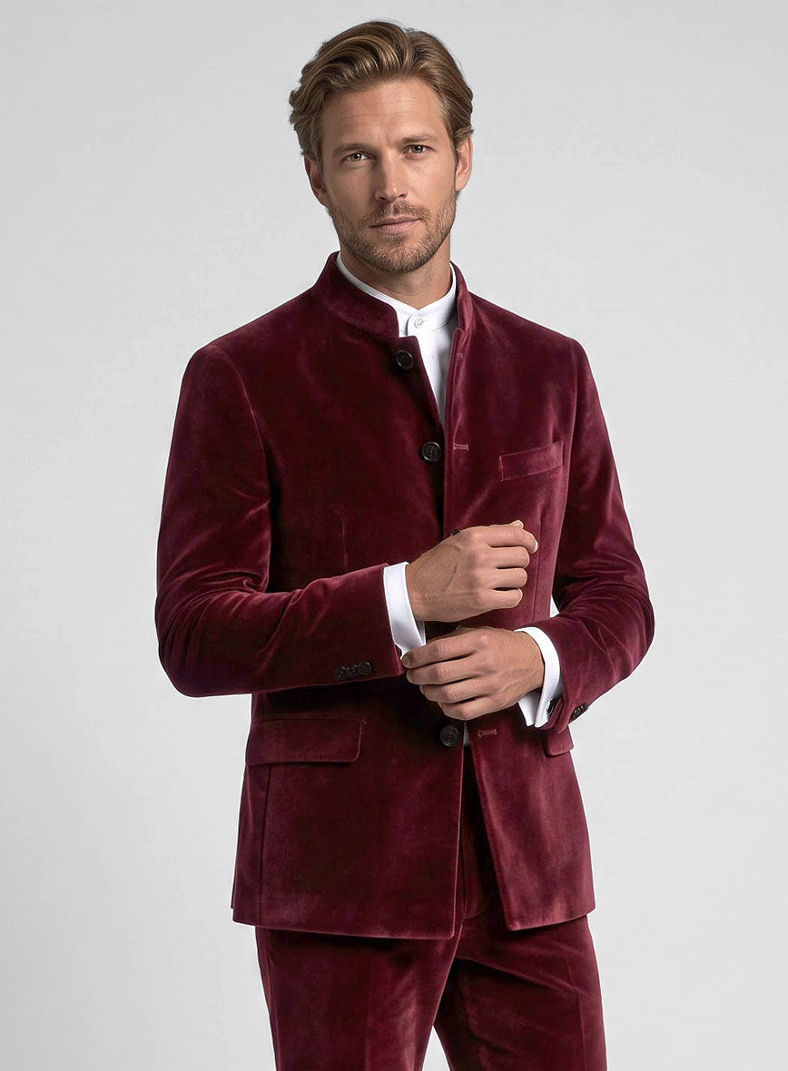 Wine Velvet Nehru Jacket - StudioSuits