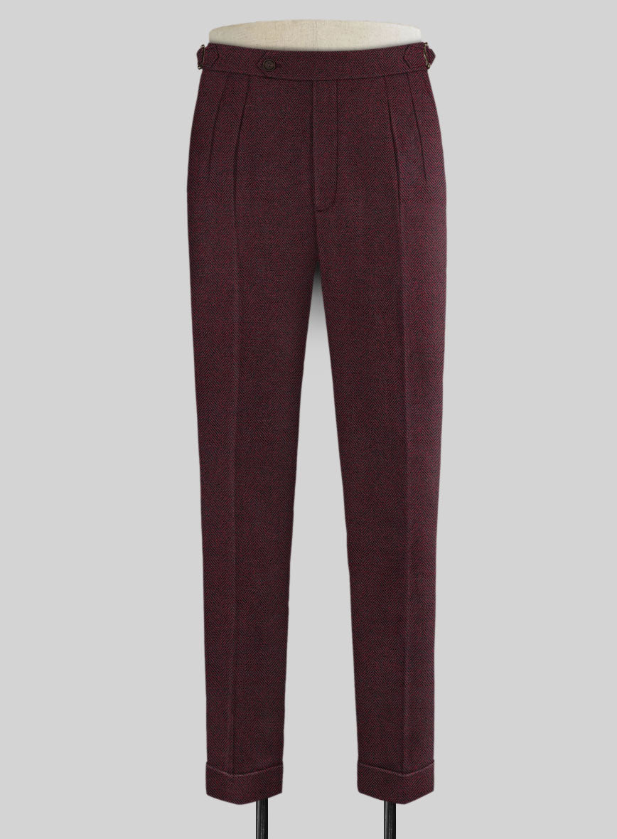 Wine Herringbone Highland Tweed Trousers - StudioSuits