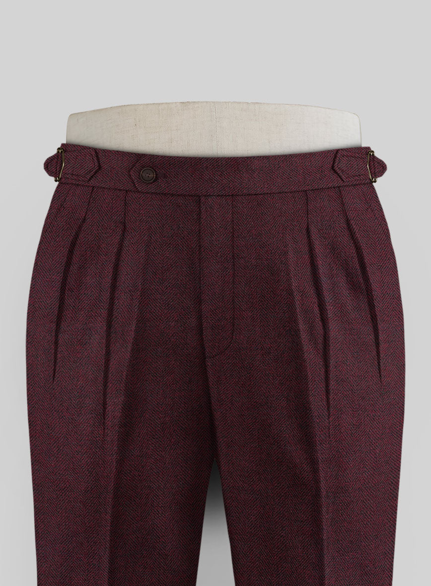 Wine Herringbone Highland Tweed Trousers - StudioSuits