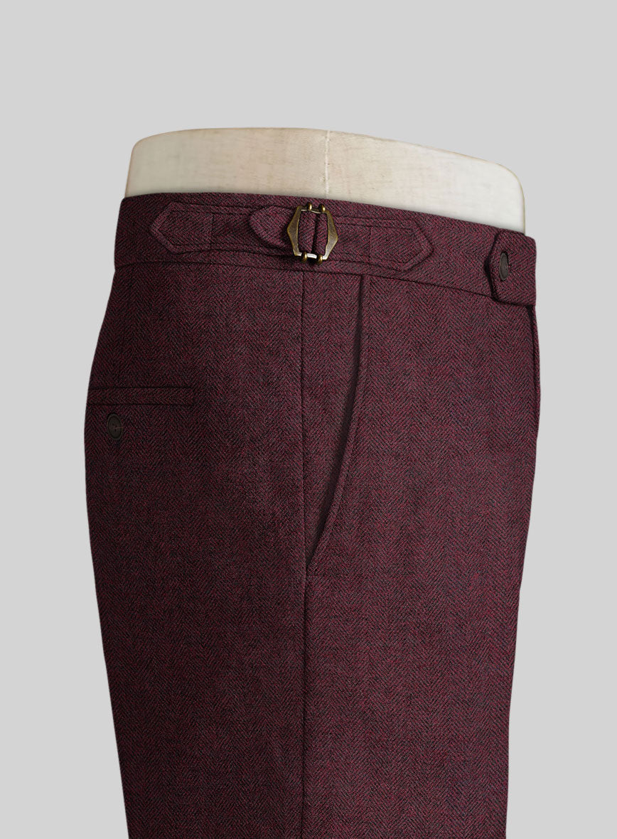 Wine Herringbone Highland Tweed Trousers - StudioSuits