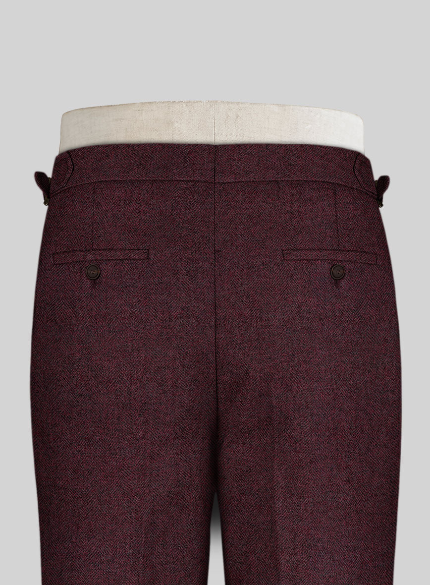 Wine Herringbone Highland Tweed Trousers - StudioSuits