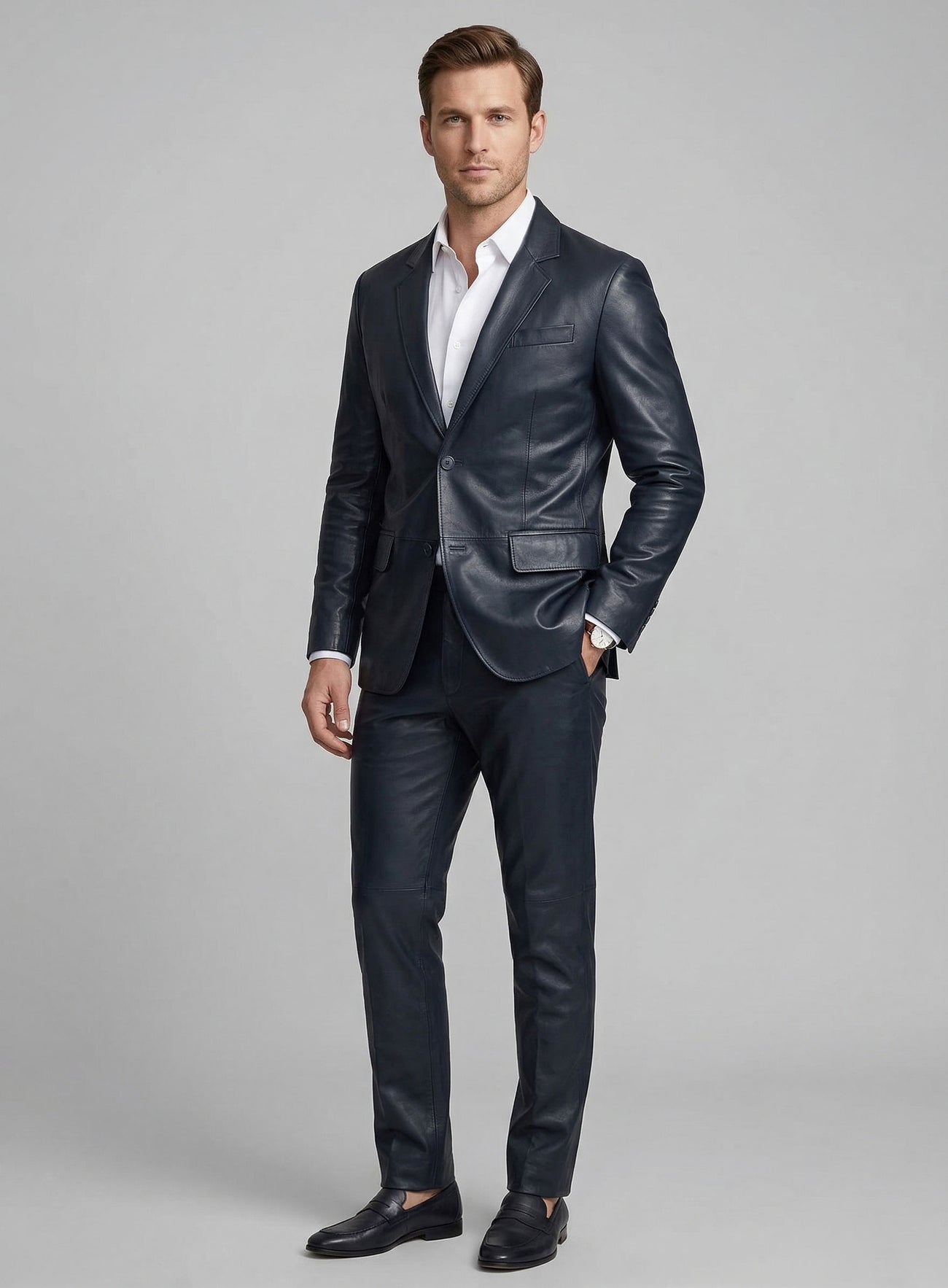 Winsor Blue Leather Suit - StudioSuits