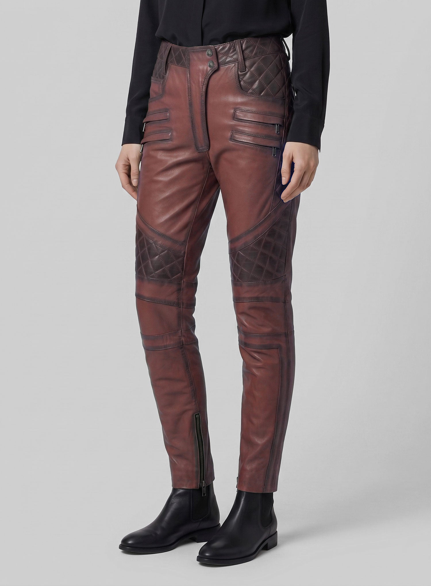 Women's Celestine Burnt Maroon Leather Pants - StudioSuits