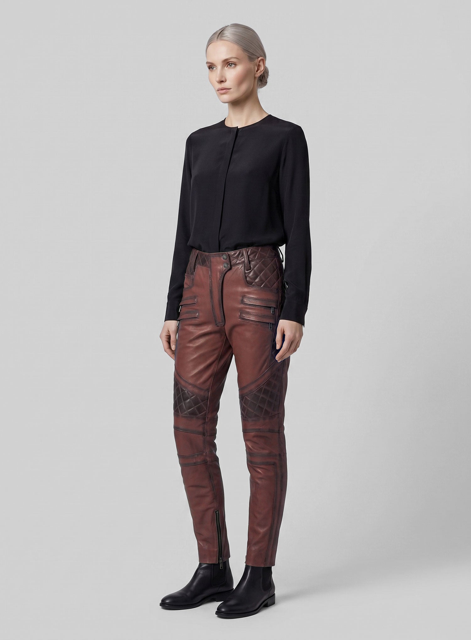 Women's Celestine Burnt Maroon Leather Pants - StudioSuits