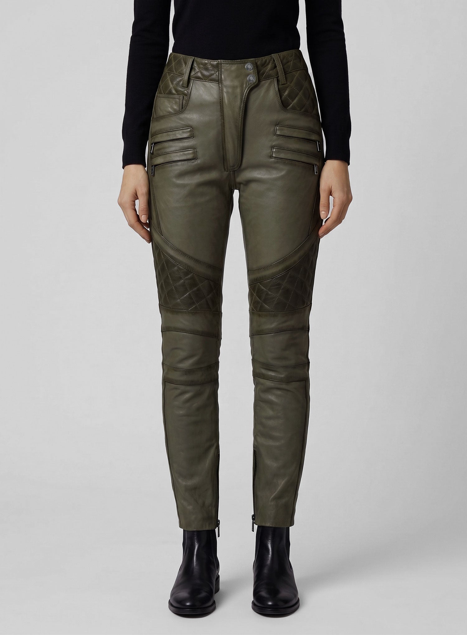 Women's Celestine Burnt Olive Leather Pants - StudioSuits