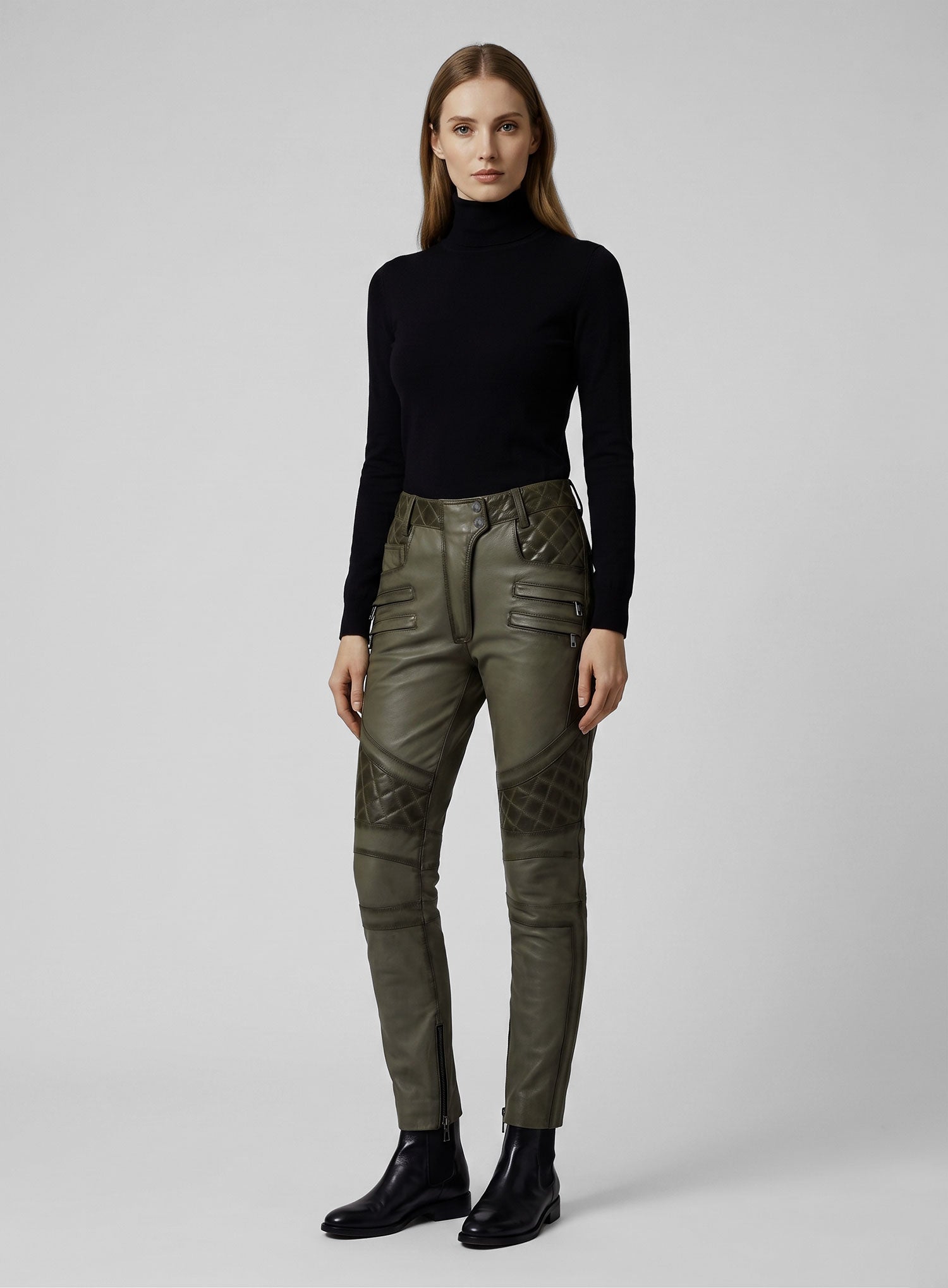 Women's Celestine Burnt Olive Leather Pants - StudioSuits