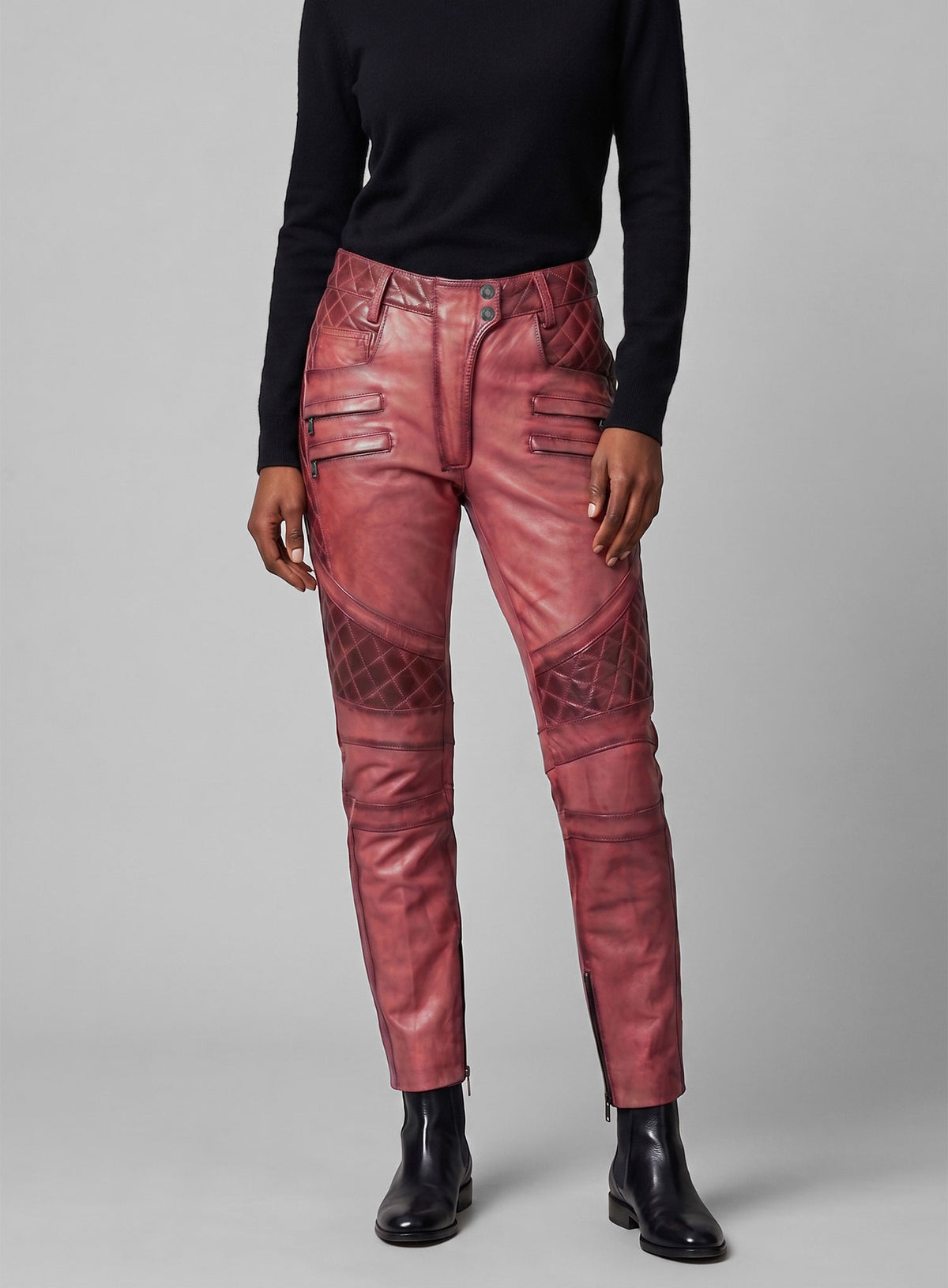 Women's Celestine Burnt Red Leather Pants - StudioSuits