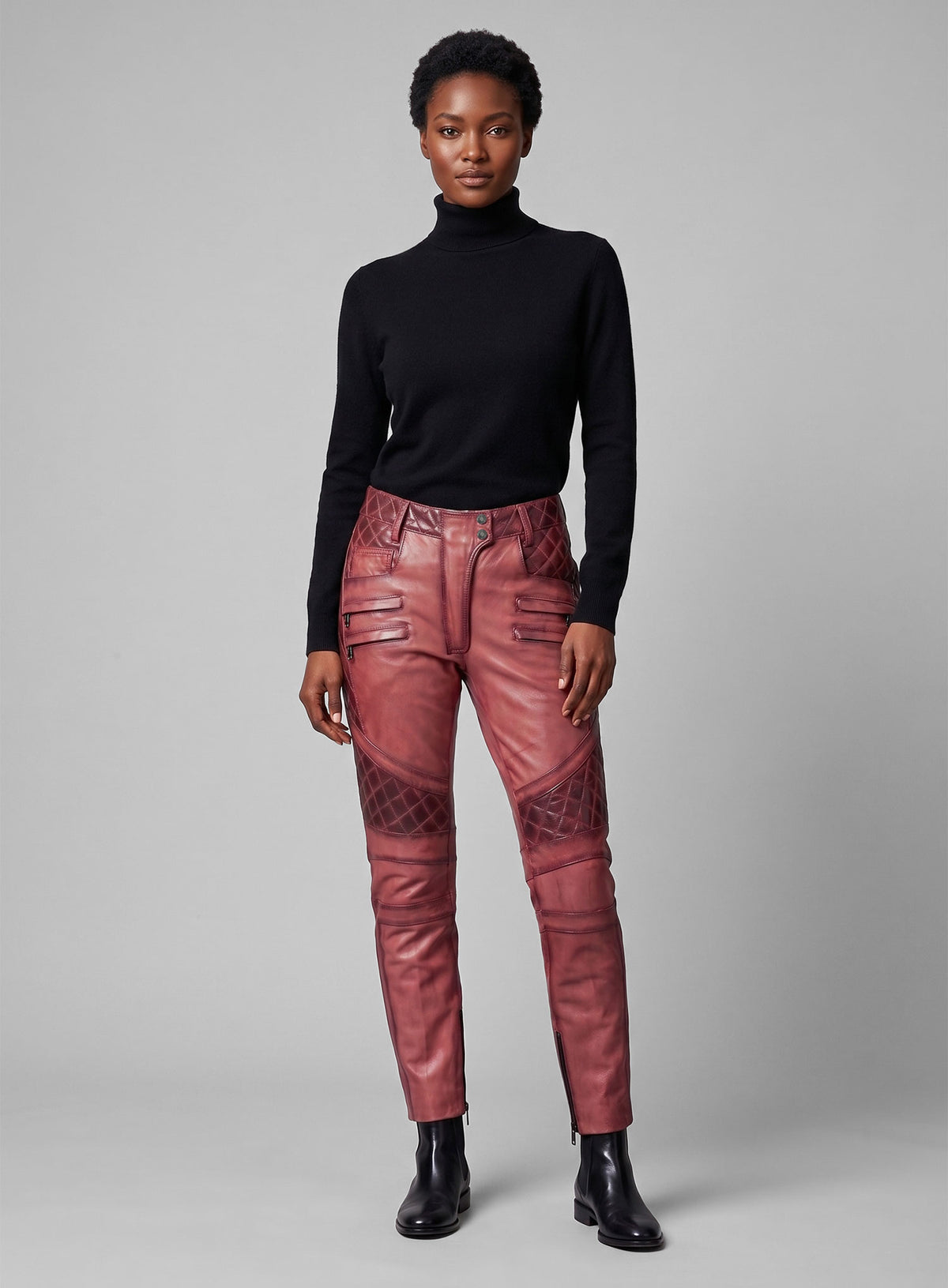 Women's Celestine Burnt Red Leather Pants - StudioSuits