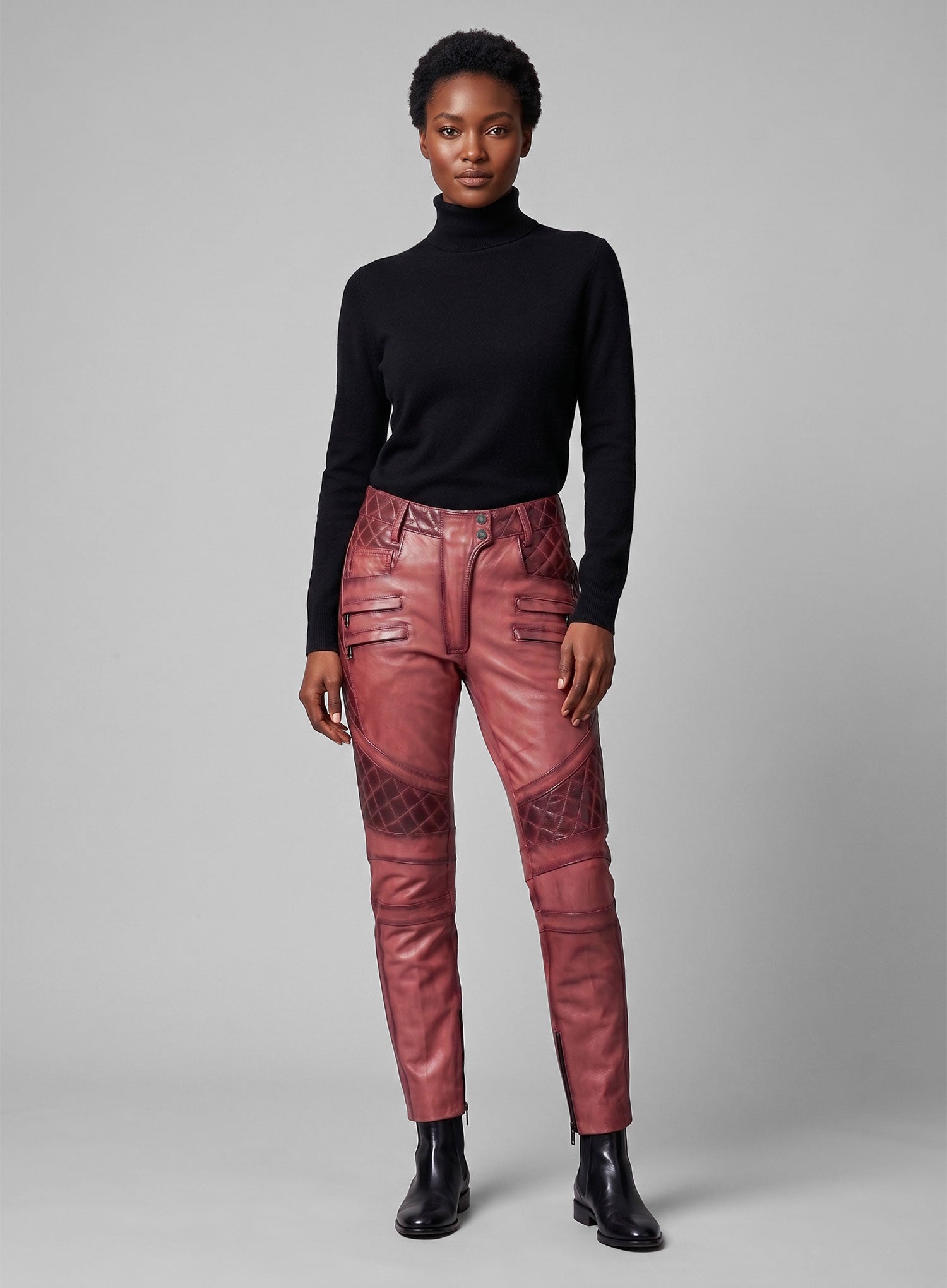 Women's Celestine Burnt Red Leather Pants - StudioSuits