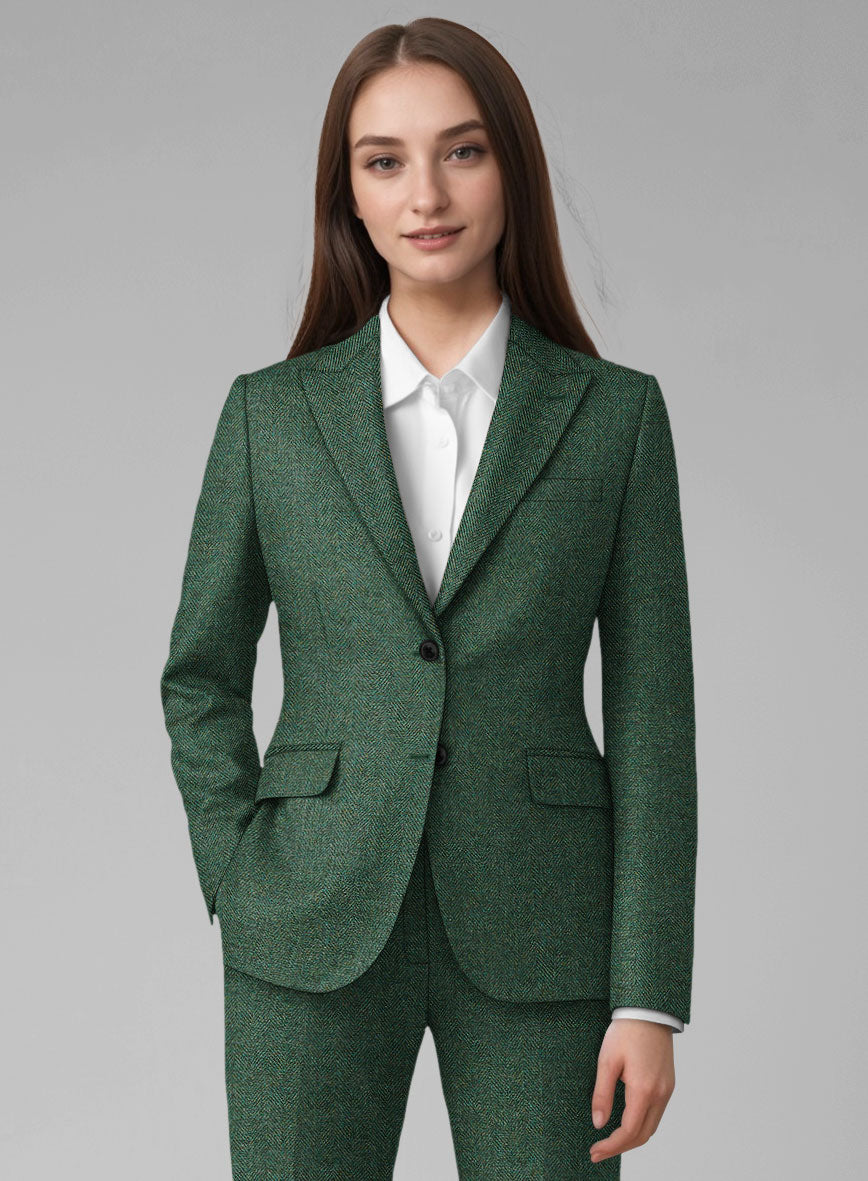 Women's Bottle Green Herringbone Tweed Jacket - StudioSuits